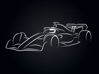 Fototapeta premium minimalist white neon outline of formula one racing car on dark background depicting silhouette of sports car