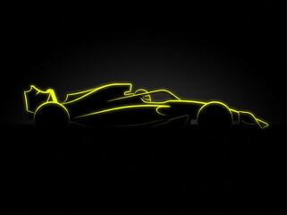 Fototapeta premium glowing yellow neon outline of formula one racing car side view on black background silhouette of sports car