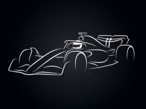 minimalist white neon outline of formula one racing car on dark background depicting silhouette of sports car