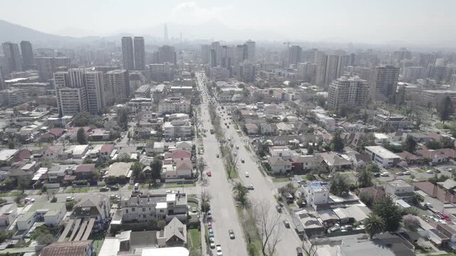 Aerial Drone View Of Santiago de Chile Skyline Covered In Smog And Pollution - 4K