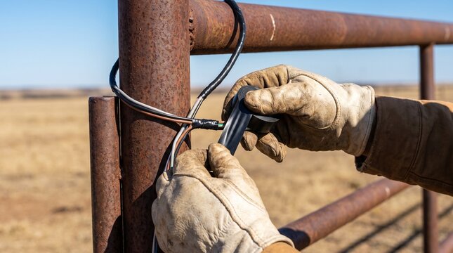 Automated ranch gate wiring repair, close up of hands wrapping waterproof electrical tape on smart fence connection, traditional rural infrastructure maintenance