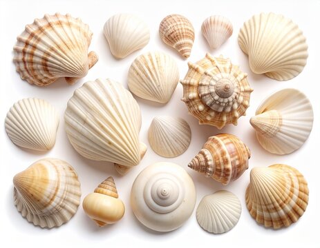貝　背景　Collection of white seashells and pearls isolated on white background

