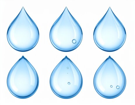 水滴　Set of glossy blue water drops isolated on white background

