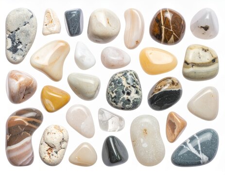 石　背景　Collection of smooth natural pebbles and stones isolated on white background

