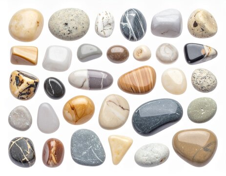石　背景　Collection of smooth natural pebbles and stones isolated on white background

