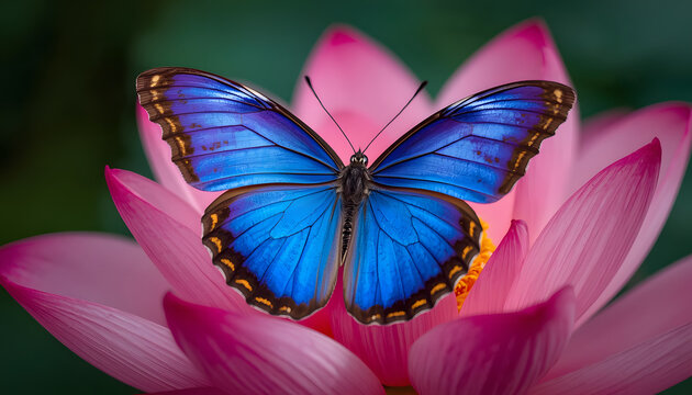 Blue morpho butterfly resting on a blooming pink lotus flower with pink petals nature photography wing patterns water lily butterfly wings butterfly pollinator botanical vibrant colors