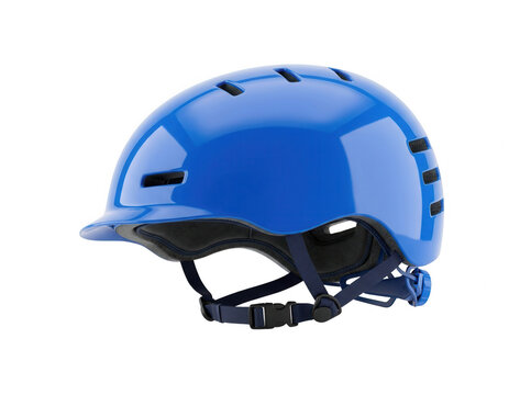 Ein blauer Fahrradhelm f&uuml;r Kinder oder Erwachsene isoliert auf wei&szlig;em Hintergrund, ideal f&uuml;r Sicherheit im Stra&szlig;enverkehr, Radsport und Freizeitaktivit&auml;ten mit verstellbarem Riemen.
