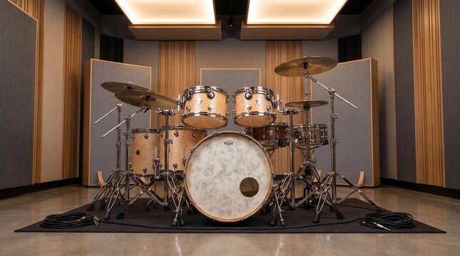 Drum kit made of natural wood stands centered on a rug inside an acoustic music recording studio.