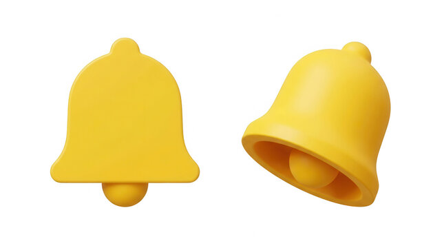 Zwei gelbe 3D-Benachrichtigungssymbole in Form einer Glocke isoliert auf wei&szlig;em Hintergrund f&uuml;r Webdesign, App-Benachrichtigungen und digitale Benutzeroberfl&auml;chen