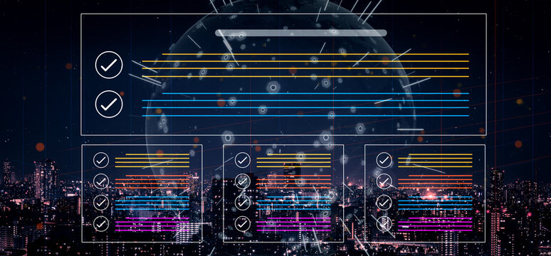 Vibrant digital interface design showcasing data visualization elements over a city skyline at night, highlighting technology impact and modern innovations. Cyphers