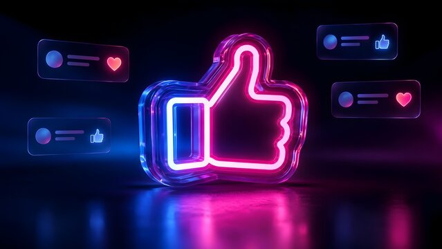 Glowing neon thumbs up like button icon surrounded by floating digital social media notification boxes with heart symbols on a dark reflective surface