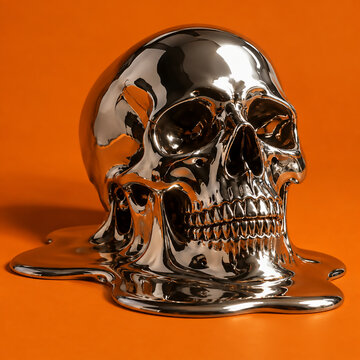 Surreal liquid-metal skull drips and shines against a saturated orange backdrop.