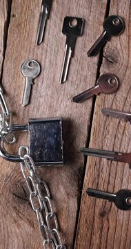 Different keys and lock on wooden background, top view