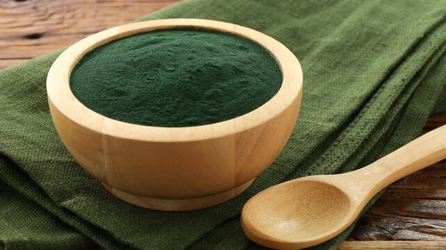 Spirulina powder in bowl, spoon and green cloth on wooden table, closeup. Camera moving forward