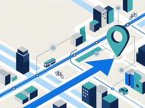 Isometric city map navigation with blue location pin and route direction path navigation location isometric destination tracking position traveling transportation wayfinding
