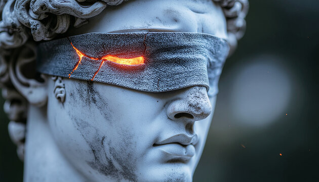Classical stone sculpture head with glowing cracked blindfold