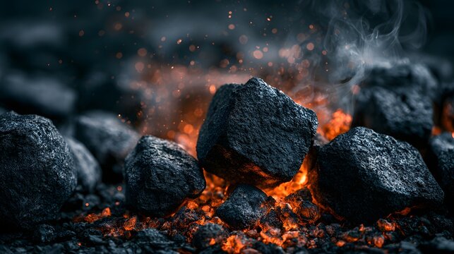 Glowing hot coal embers with smoke and orange sparks in a dark background. Perfect for industrial energy, barbecue, or heating concept photography.