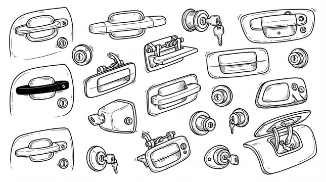 Automotive Door Handle Lock Cylinder Hand Drawn Line Art Doodle Pack Flush Pop Out Smart Pull Key Cylinder Tailgate Lift Mechanism Contour Retro Style Strictly Textless White Background