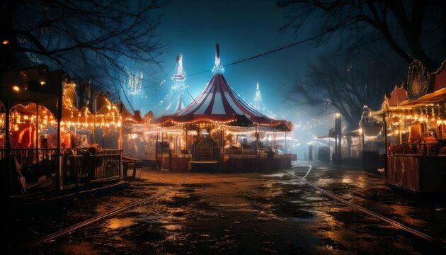 Vintage carousel at a night carnival with glowing festive lights and moody atmosphere fairground ride amusement park funfair attra
