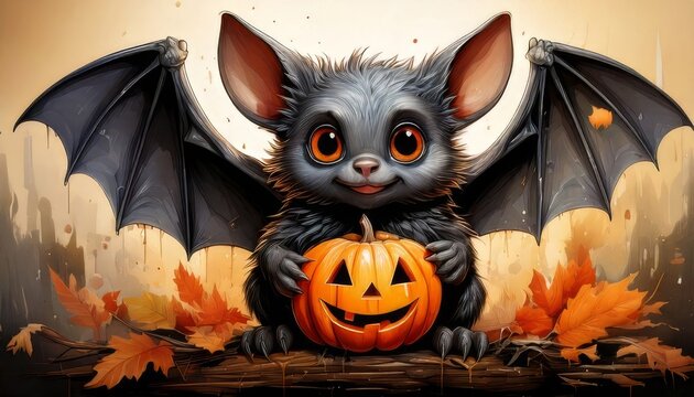 Cute cartoon style bat with large eyes holding a carved jack o lantern pumpkin halloween creature adorable animal spooky bat