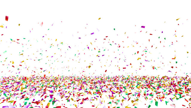 Celebration party confetti falling on ground floor against black background. multicolored confetti rain on alpha Chanel PNG.
