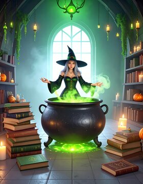 Young witch brewing magic potion in a large iron cauldron inside an old library filled with books fantasy art green smoke cauldron