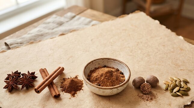Pumpkin spice ingredients arrangement on rustic parchment paper
