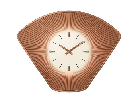 Eine elegante, moderne Wanduhr mit einem einzigartigen f&auml;cherf&ouml;rmigen Design in Kupferoptik und einem hellen Zifferblatt, isoliert vor einem wei&szlig;en Hintergrund f&uuml;r stilvolle Inneneinrichtung.