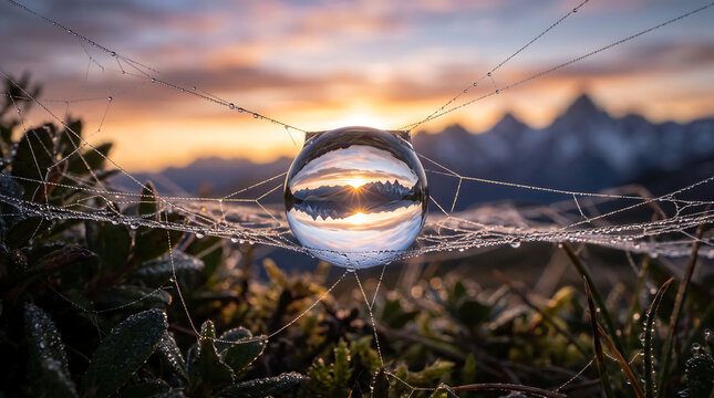 Dewdrop reflecting sunrise on spider web with mountain landscape background