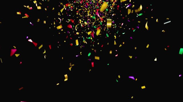 Celebration party confetti falling on ground floor against black background. multicolored confetti rain on alpha Chanel.