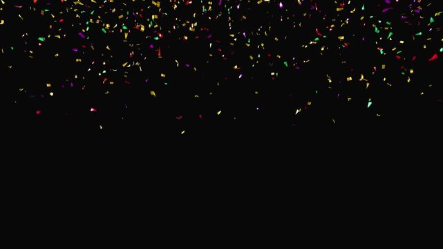 Celebration party confetti falling on ground floor against black background. multicolored confetti rain on alpha Chanel.