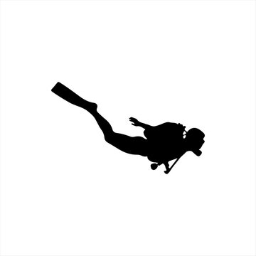 Scuba diver silhouette swimming in deep water isolated on white background