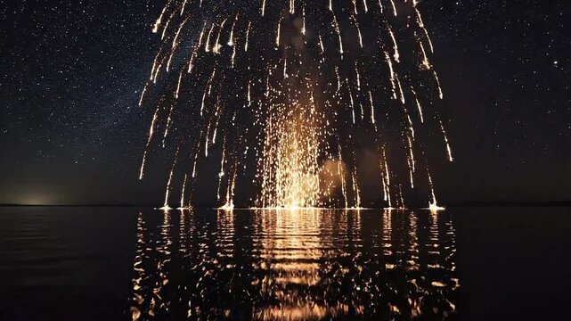 Golden fireworks exploding over calm dark water at night. Bright sparks bursting in the starry sky. Beautiful light reflections rippling on the lake surface. Static video footage clip for holiday cele
