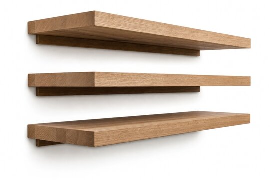 Minimalist wooden floating shelves mounted on light gray wall, modern Scandinavian home decor with natural light, clean and organized interior design concept
