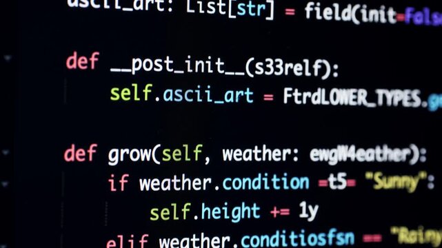 Developer software programming python code with chat bot AI. HTML code on lcd screen. Developer working on source codes on computer at office. Modern technologies, web design. Python programming