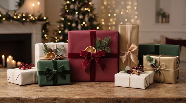 A beautiful collection of Christmas gifts, elaborately wrapped in festive paper and adorned with natural elements, awaits under a twinkling tree, embodying the spirit of holiday generosity.