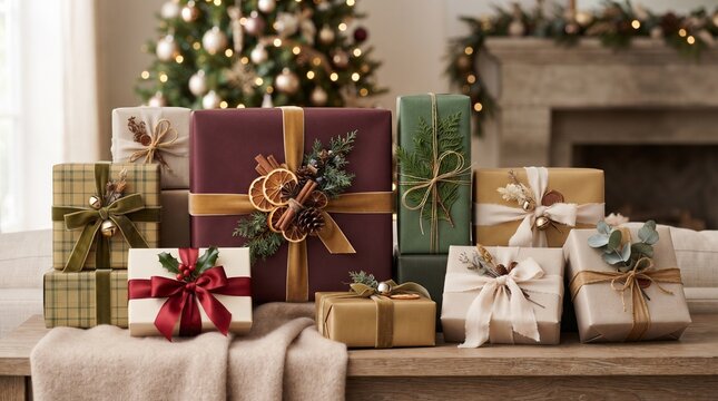 An assortment of beautifully wrapped holiday gifts, adorned with ribbons, dried fruit, and greenery, are artfully arranged in front of a softly lit Christmas tree and festive fireplace.