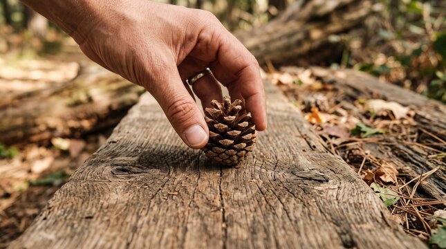 Hand holding a pine cone on a weathered wooden surface in a forest setting