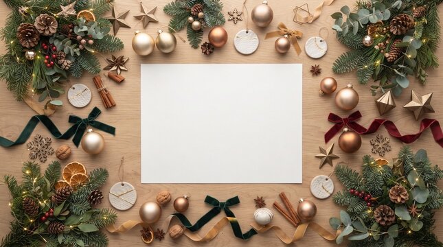 Festive Christmas border arrangement with blank white paper in the center, featuring pine branches, baubles, cinnamon sticks, dried oranges, and decorative ribbons.