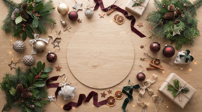 A festive Christmas flat lay arrangement showcases a circular wooden cutout surrounded by an assortment of holiday decorations, including ornaments, pine sprigs, cinnamon sticks, dried orange slices.