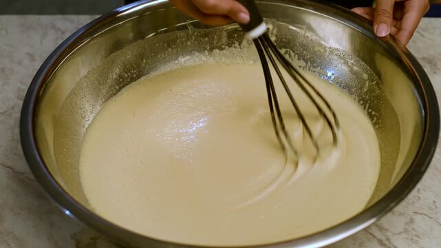 Female Hands Mixing Egg Batter in a Metal Bowl for Cake
