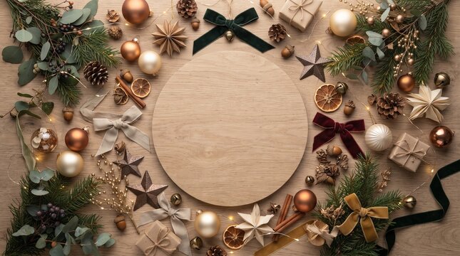 A flat lay composition of Christmas decorations, including pine branches, ornaments, pinecones, dried orange slices, and ribbons, arranged around a central wooden circle.