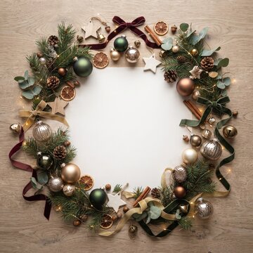 A beautifully crafted Christmas wreath, adorned with festive baubles, pinecones, dried orange slices, cinnamon sticks, and twinkling fairy lights, is artfully arranged on a rustic wooden surface.