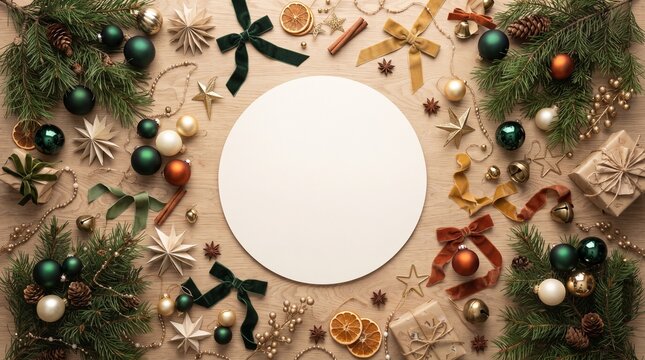 Festive Christmas flat lay with pine branches, ornaments, dried oranges, ribbon, and gift boxes arranged around a central white circle, evoking holiday cheer and a craft inspiration.