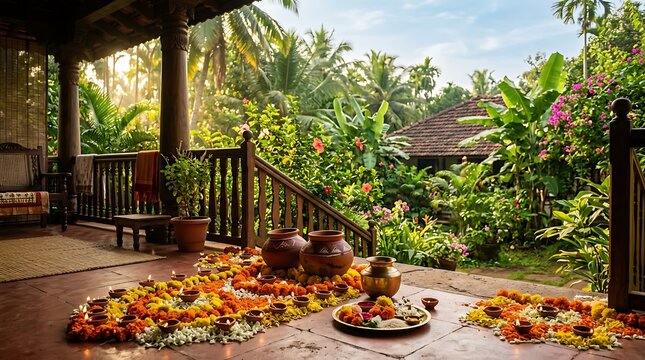 Traditional Indian home veranda decorated with flowers and oil lamps for a festive celebration.