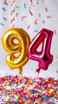 Birthday balloon number ninety four, golden letter figure 94 celebration background AI Generative