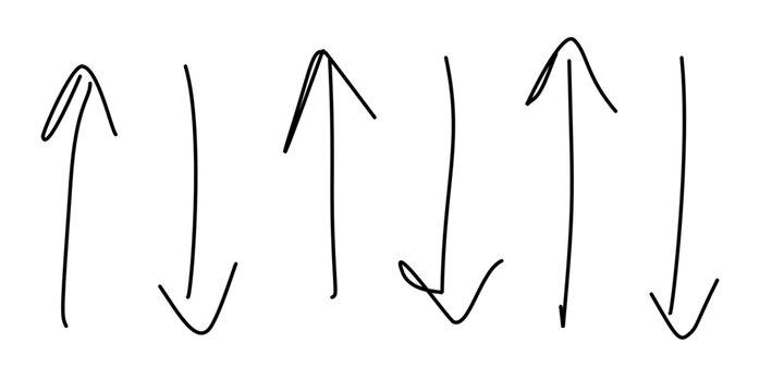 Hand drawn black arrows pointing up and down on a white background, symbolizing movement, direction, change, growth, decline, and business trends.