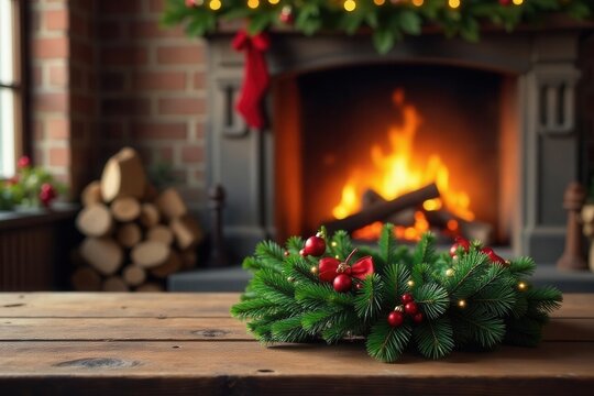 Rustic wooden table, Christmas wreath, fireplace flames , firewood, cozy