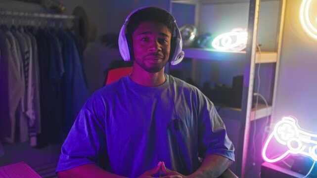 Man wearing white headset and shirt smiling with hands steepled while sitting in a gaming studio with neon controller sign and clothing rack visible; streaming joy.