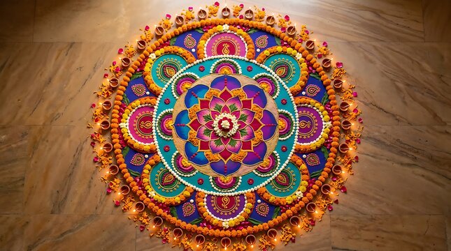 Colorful circular rangoli pattern decorated with traditional oil lamps for Diwali festival celebration.
